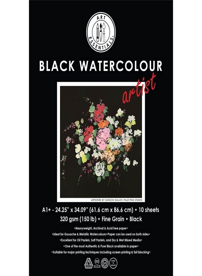 Art Essentials Black Watercolour Artist A1+ Black Fine Grain/Vellum 320 GSM, 10 Sheets Pack, Acid Free Papers for Metallic Watercolor, Gouache, Poster Colour, Tempera, Opaque Inks, Acrylic